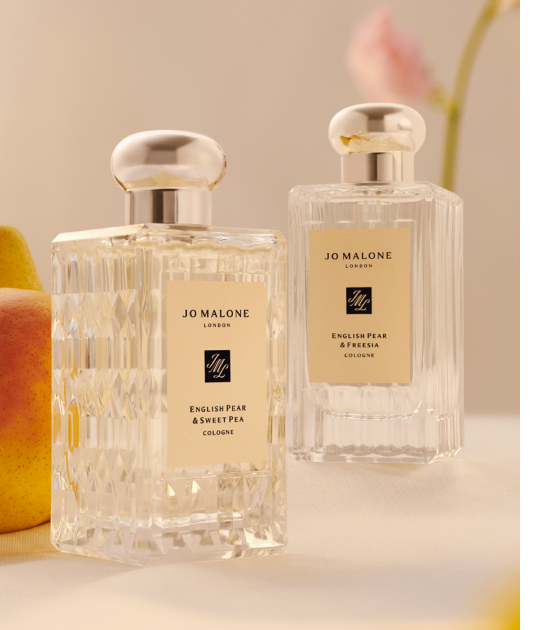 English Pear & Freesia fluted cologne on a table